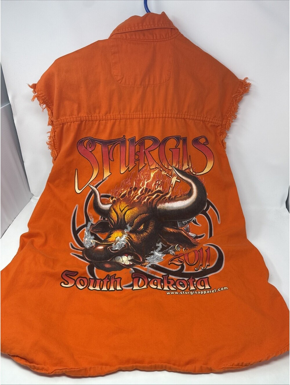 Sturgis 2011 Legendary Biker Denim Vest Shirt Mens Medium Orange Sleeveless